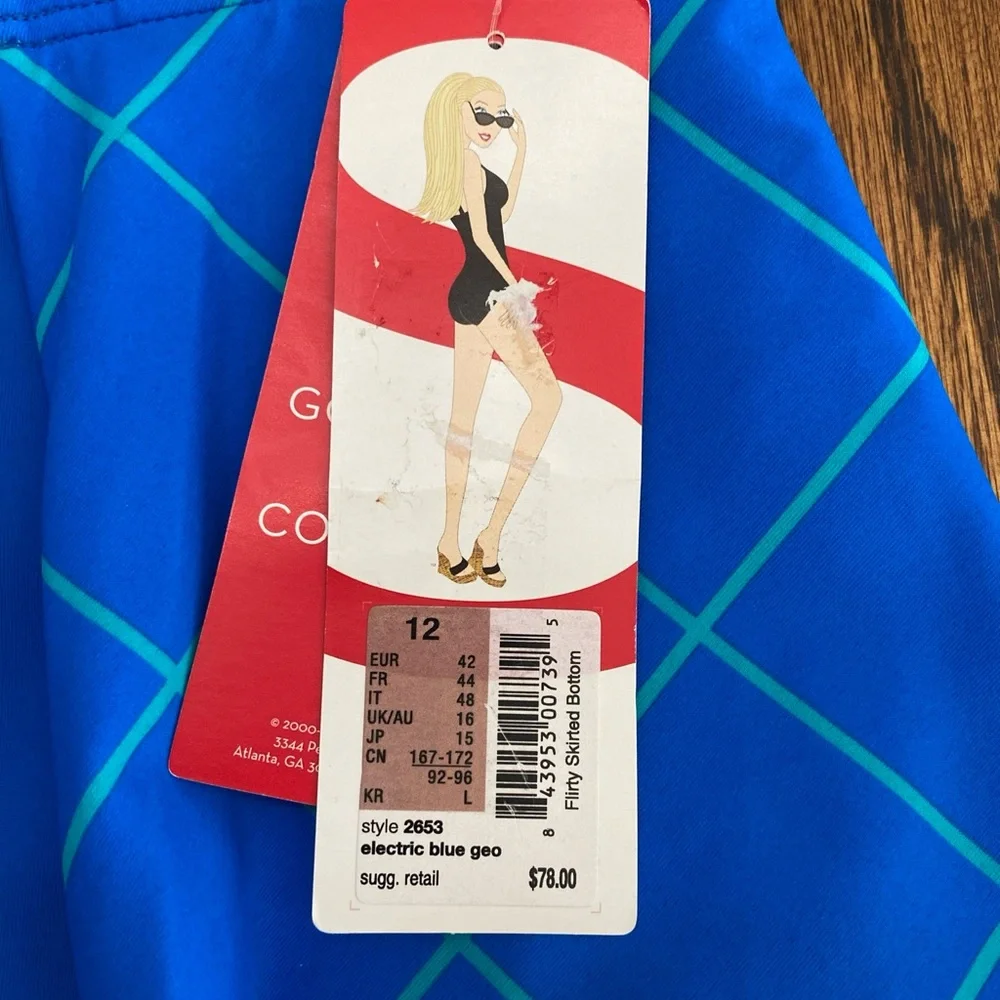 Spanx Flirty Skirted Swim Bottom Electric Blue Geo Bikini 12 NWT